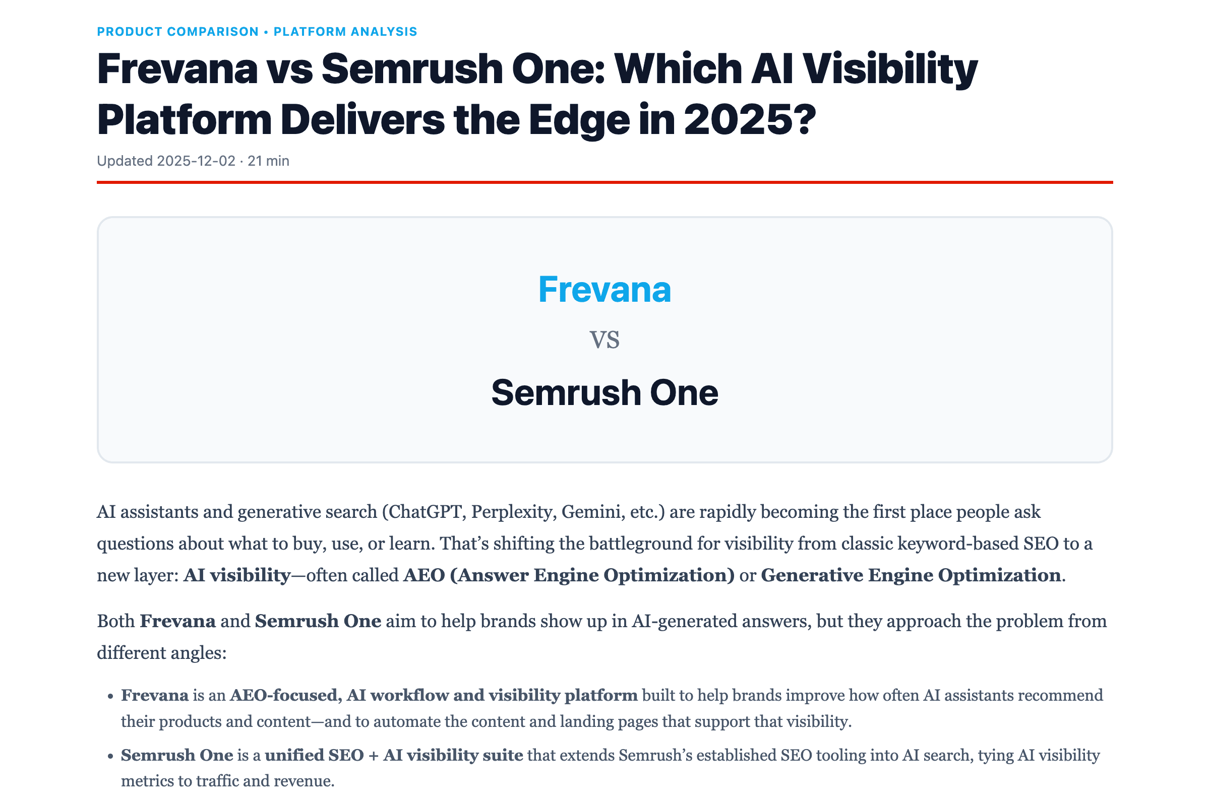 Frevana vs Semrush One: Which AI Visibility Platform Delivers the Edge in 2025?