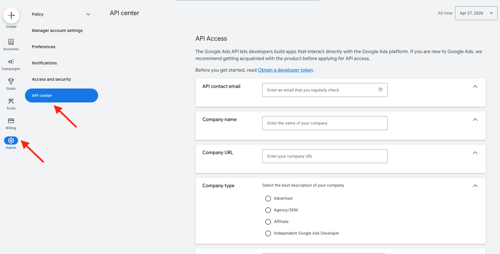 Legacy Google Ads API Center screen