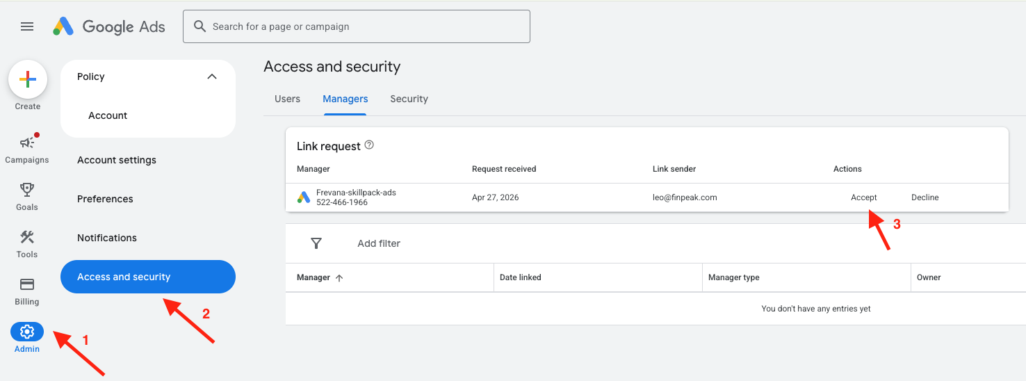 Accepting a manager account invitation in Google Ads