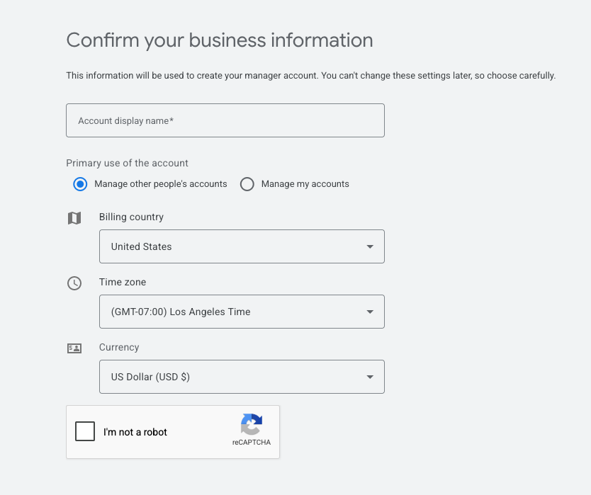 The Google Ads manager account creation form