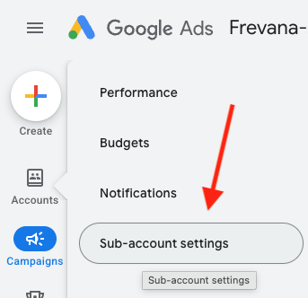 Sub-account settings in a Google Ads manager account