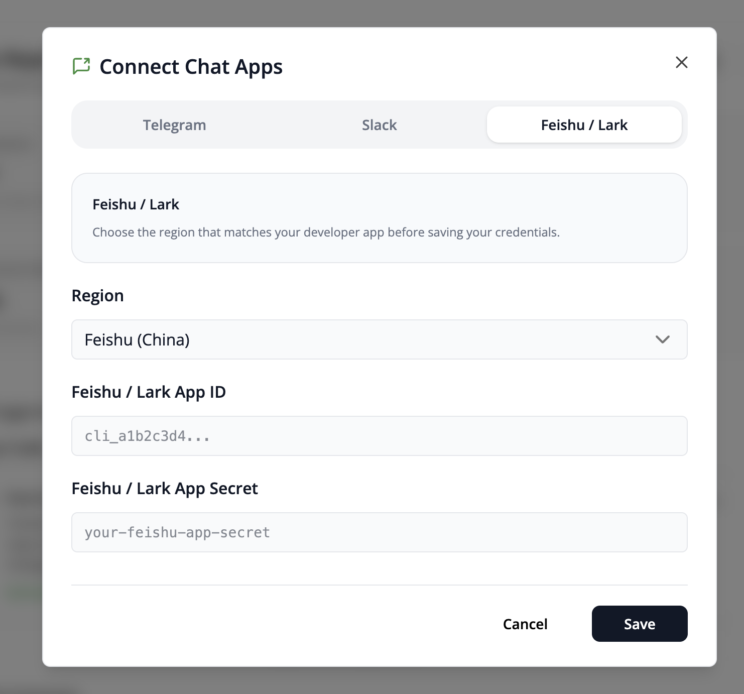 The Feishu or Lark region, App ID, and App Secret fields in Frevana