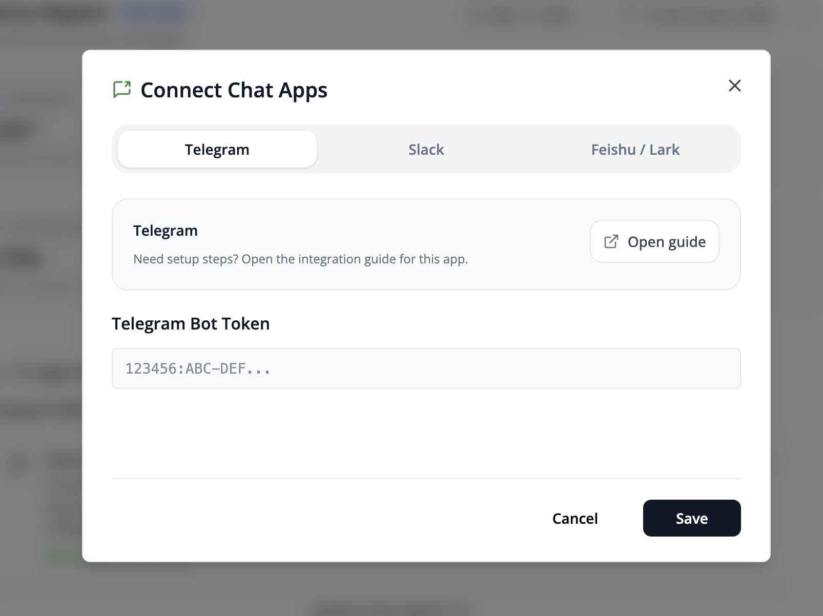 The Telegram Bot Token field in Frevana’s Connect Chat Apps dialog