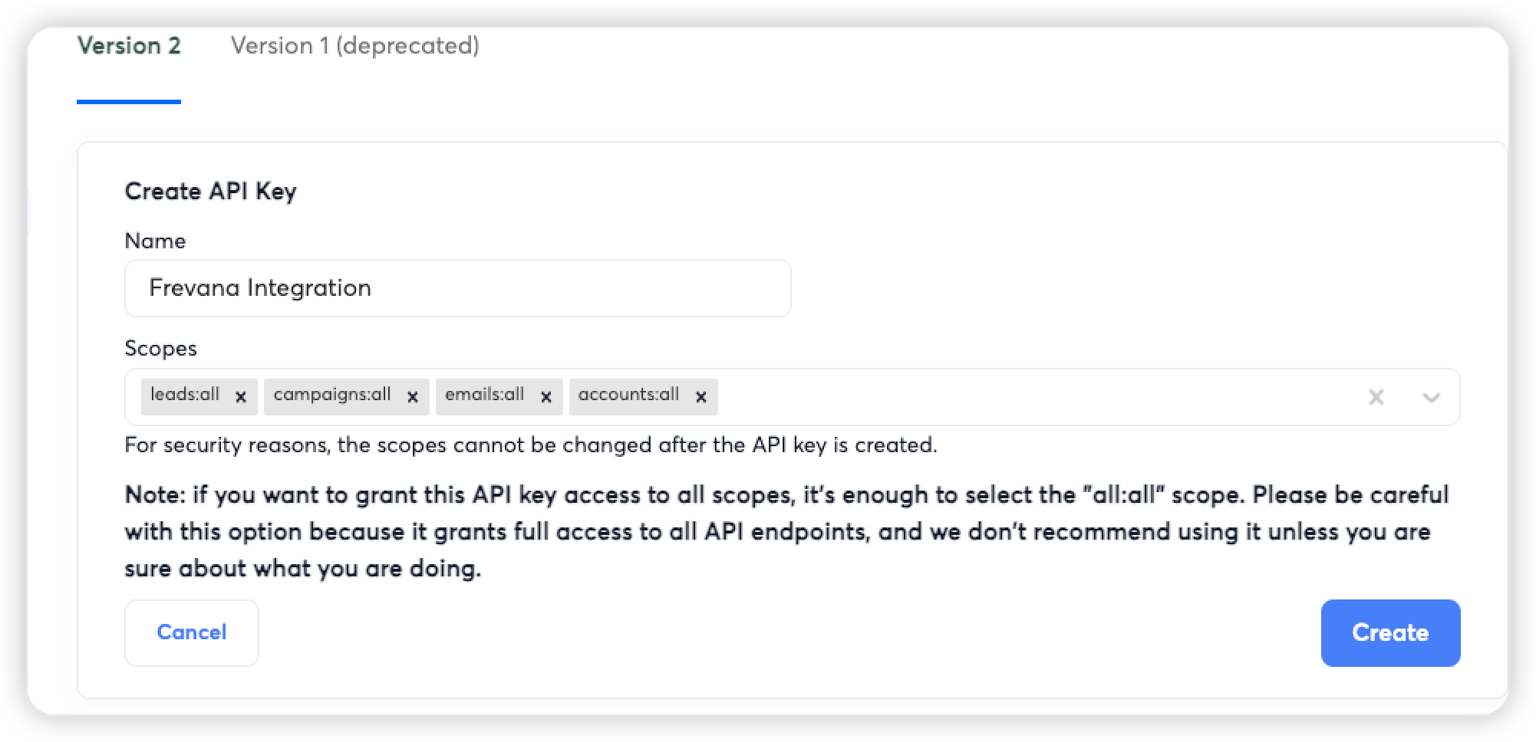 Choose scopes for the Instantly API key
