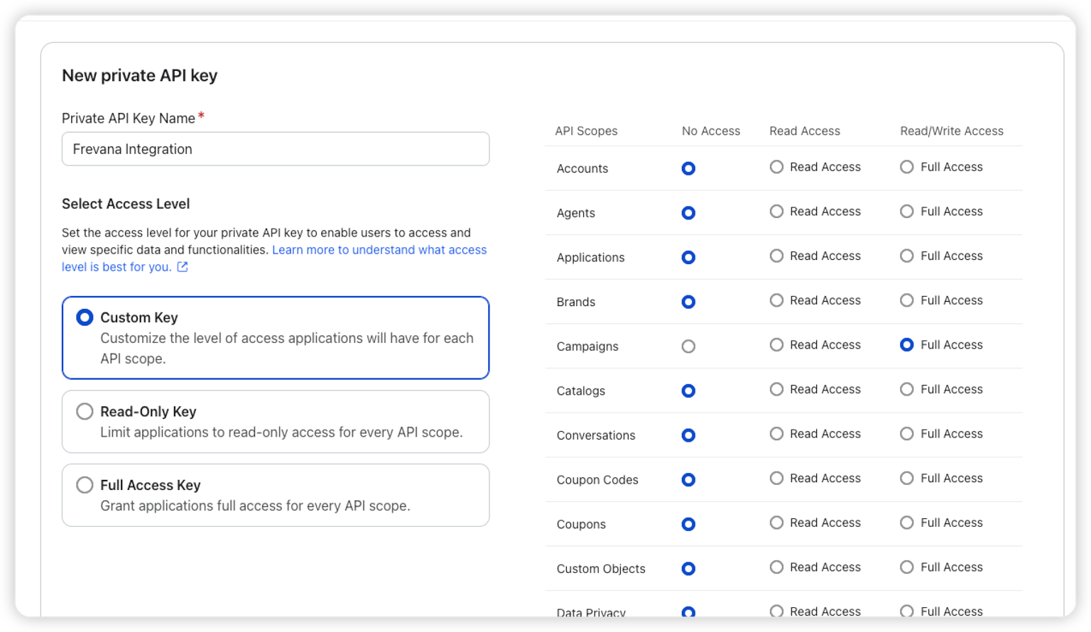 Select Klaviyo private API key scopes