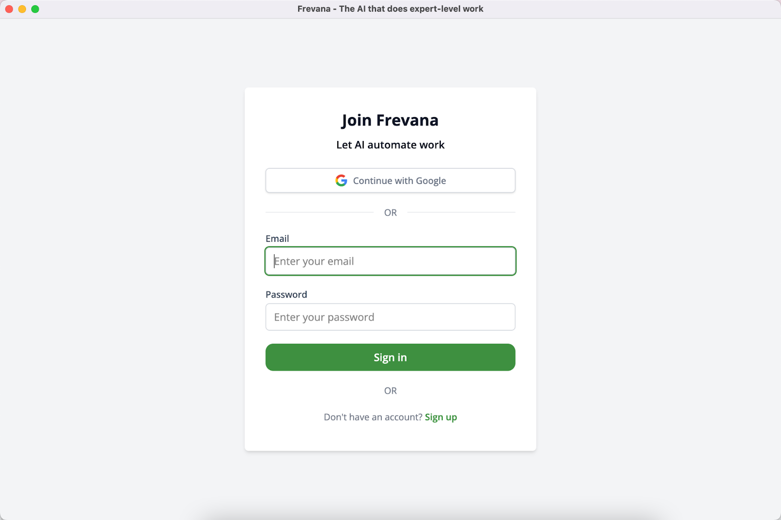 The Frevana sign-in screen