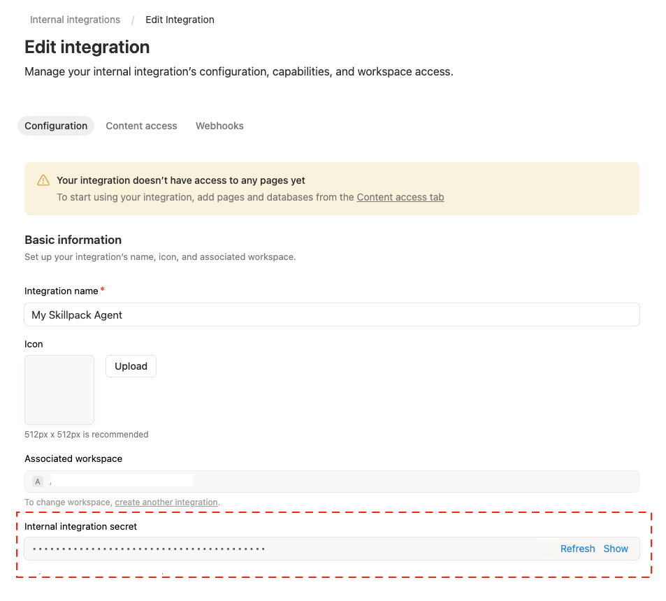 Copy the "Notion Secret Token" screenshot