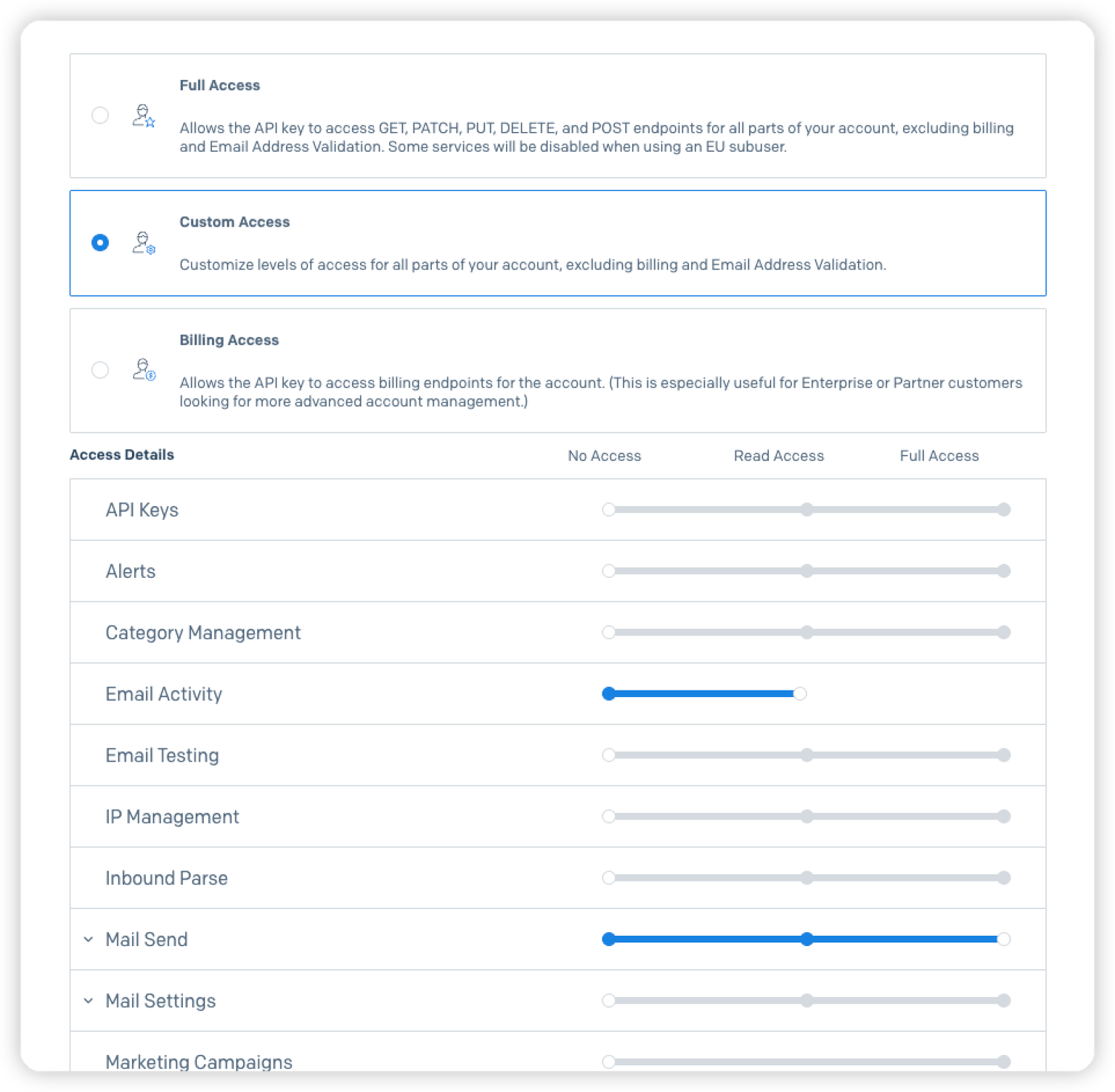Choose SendGrid API key permissions