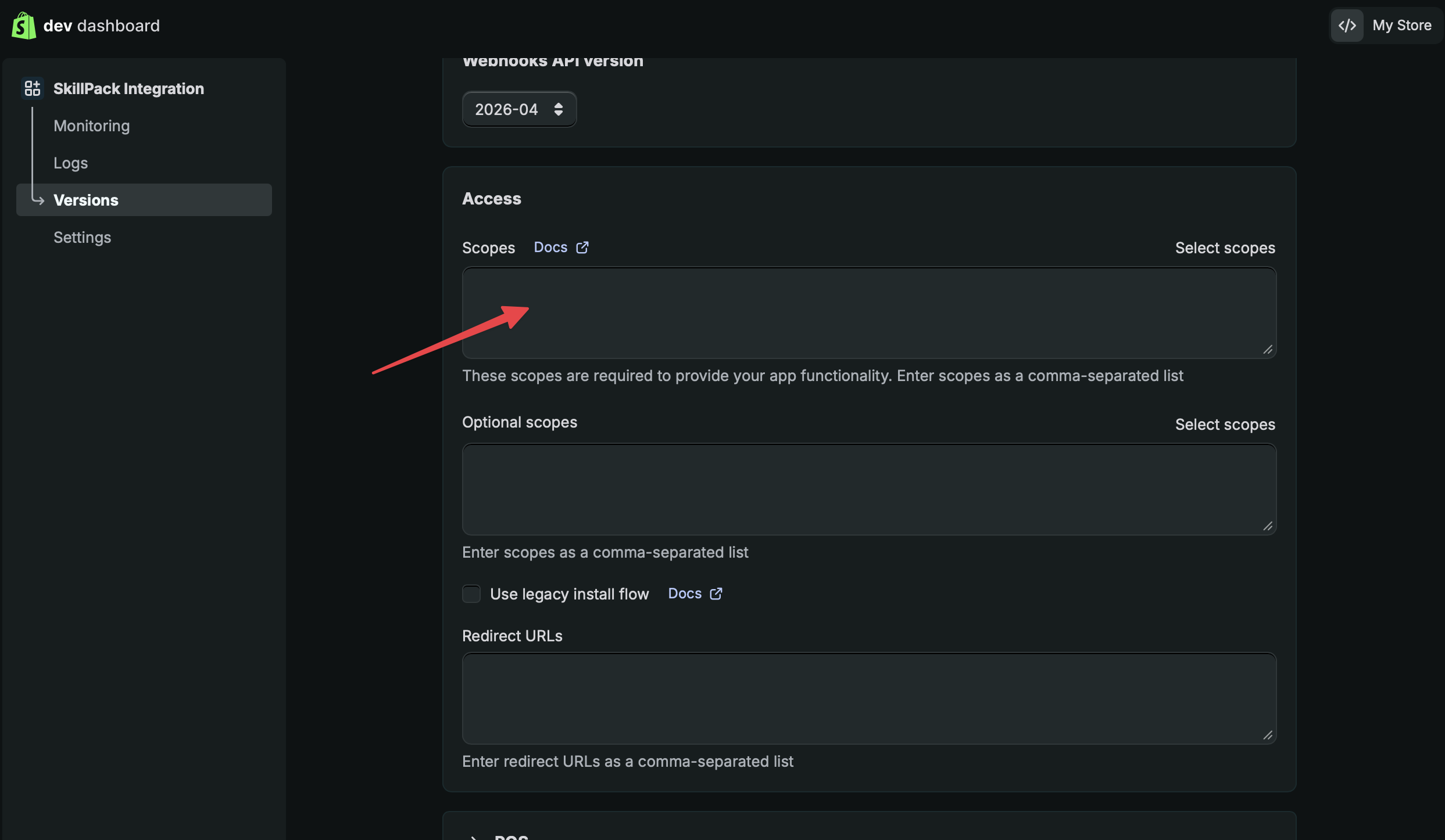 Find the access scopes field