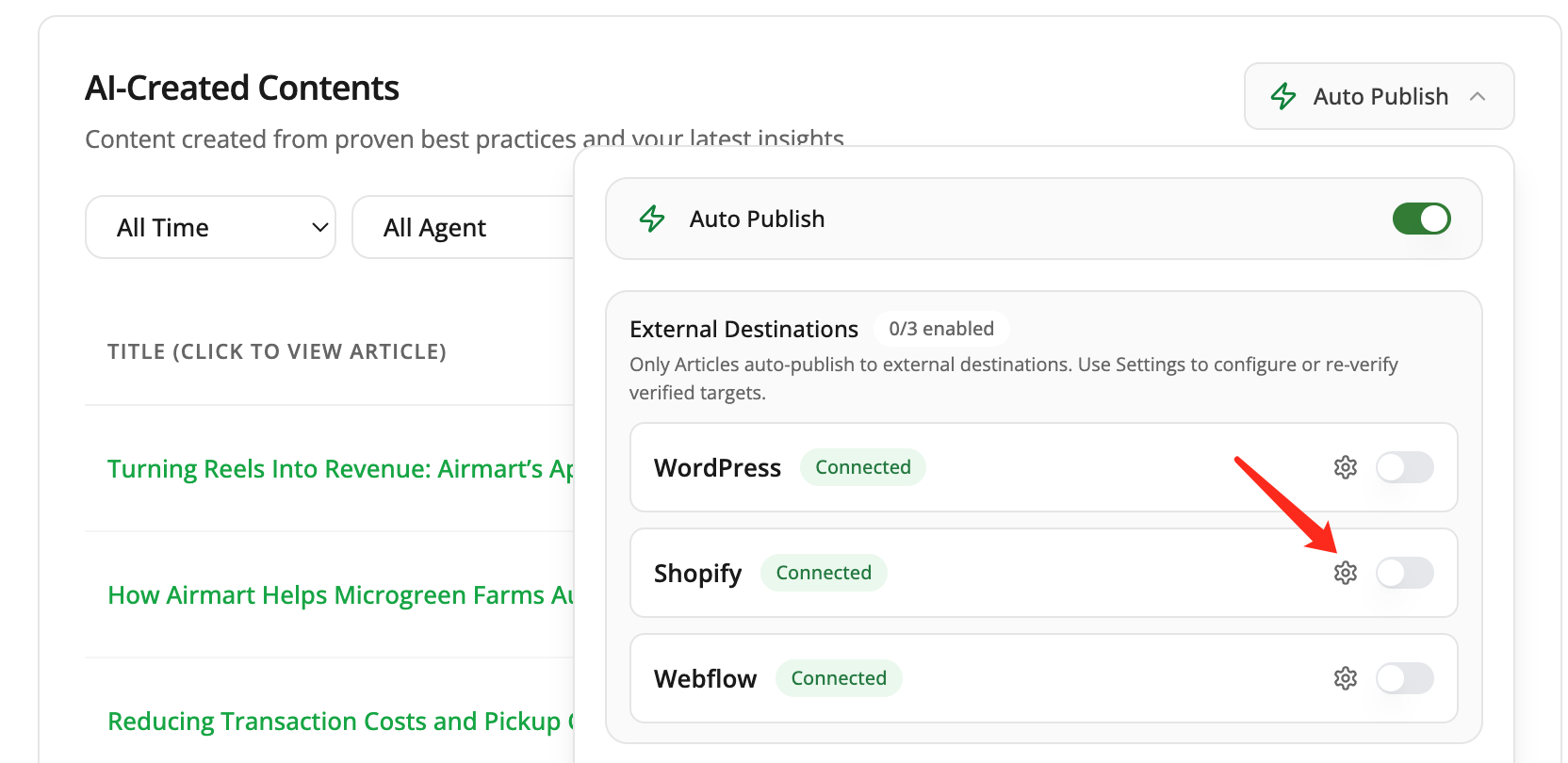 Open the Shopify connection in Frevana