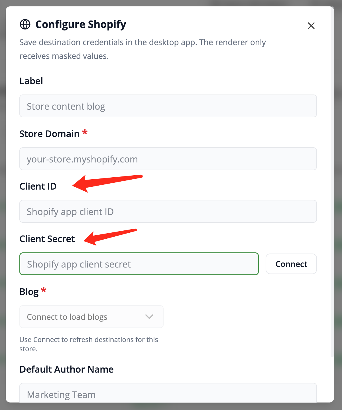 Enter the Shopify app credentials in Frevana