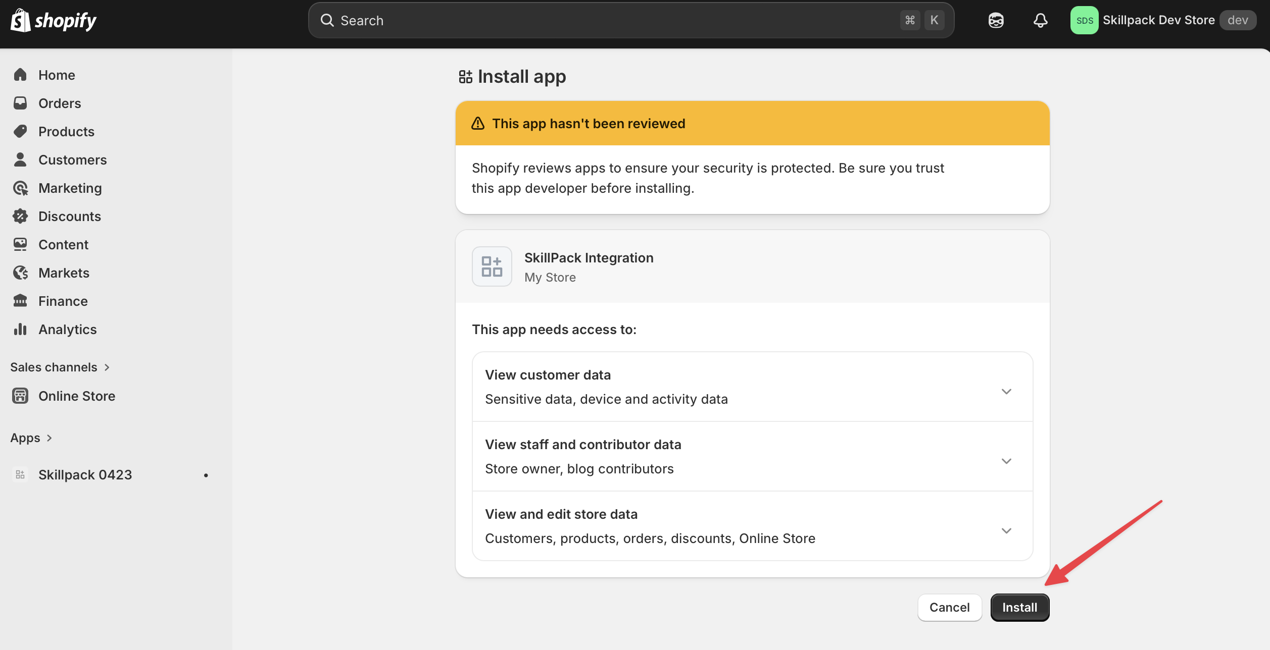Confirm the Shopify app installation
