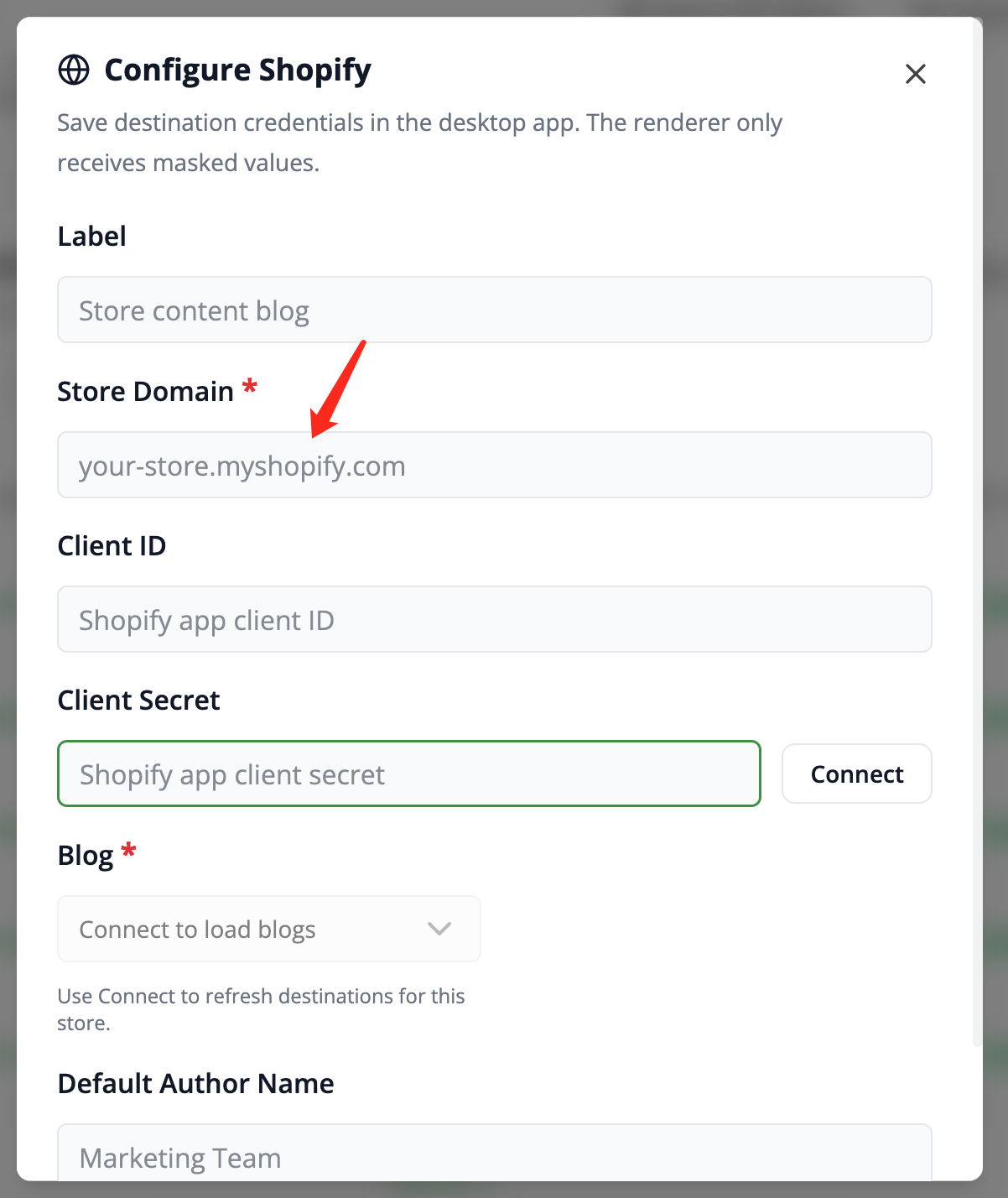 Enter the store domain in Frevana