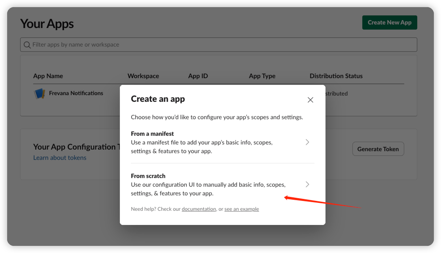 Slack’s Create an app dialog, highlighting the From scratch option