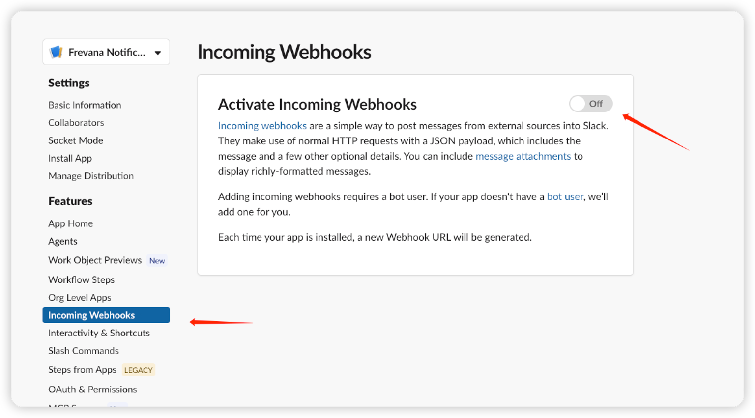 The Incoming Webhooks settings page and activation toggle in Slack