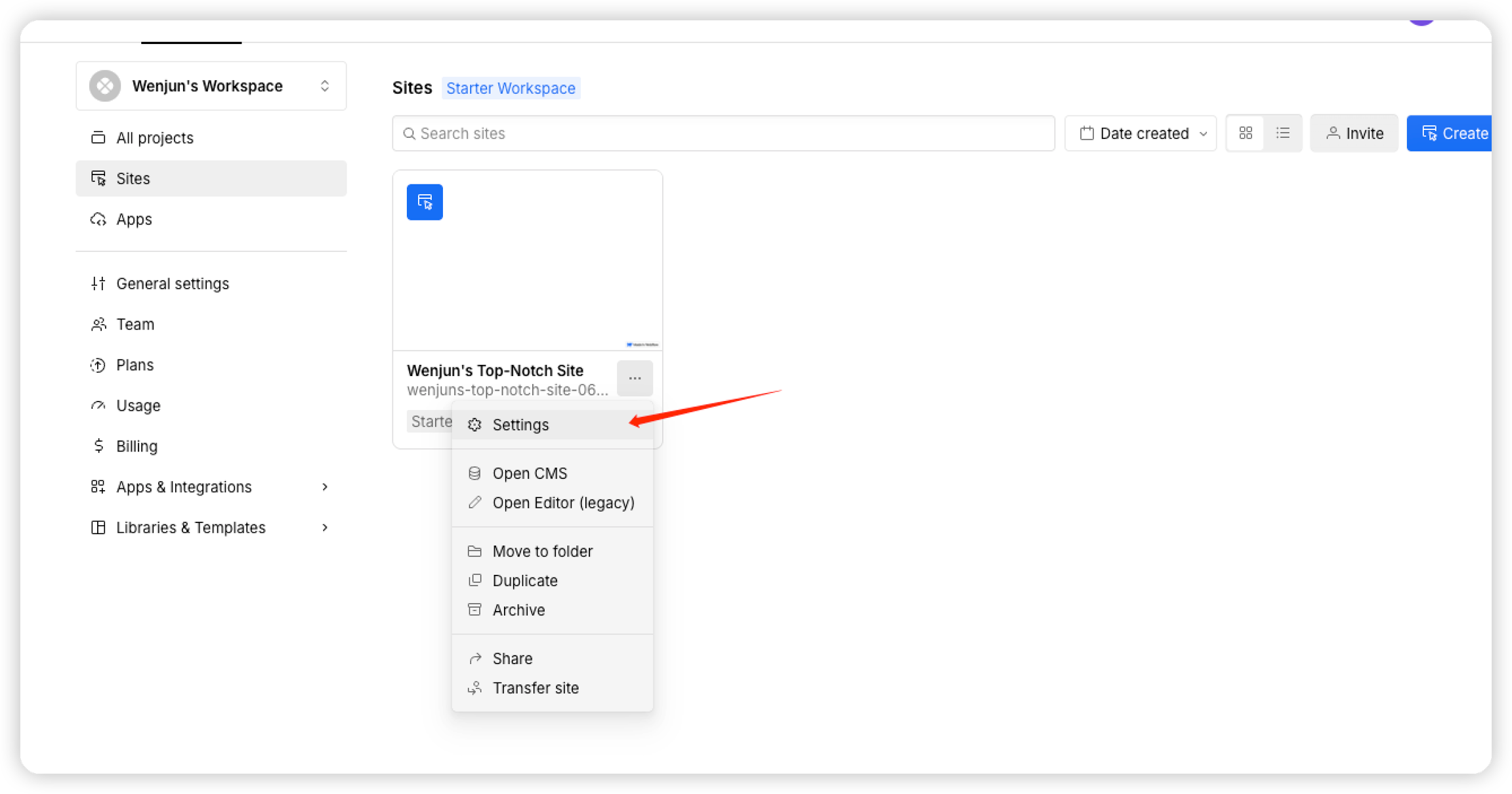 Open the Webflow site settings