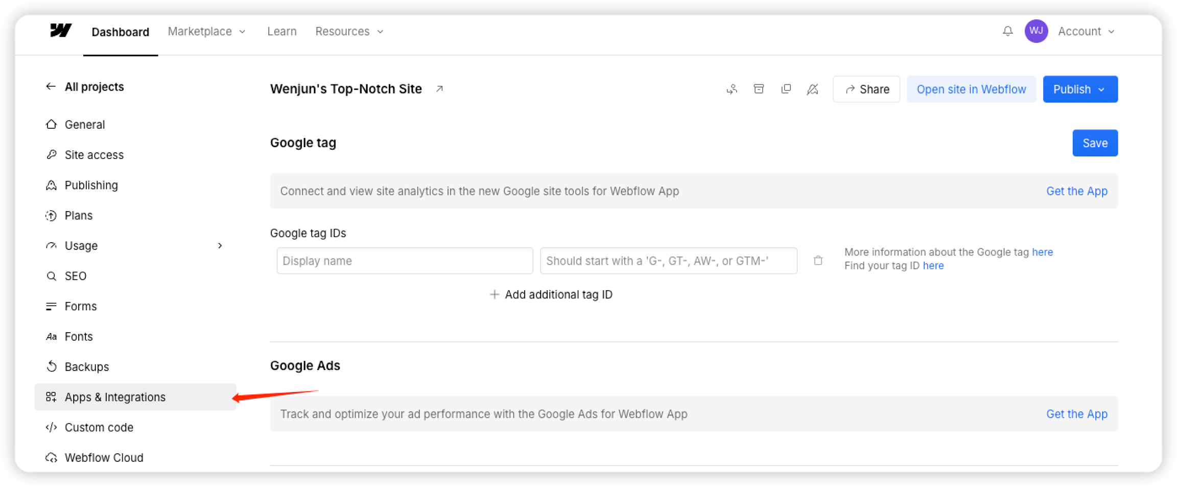 Open Apps and Integrations in Webflow