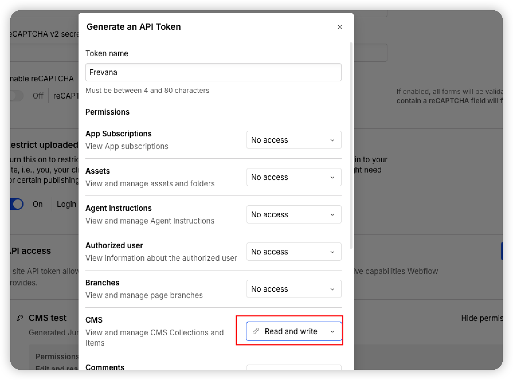 Select the CMS permissions for the API token