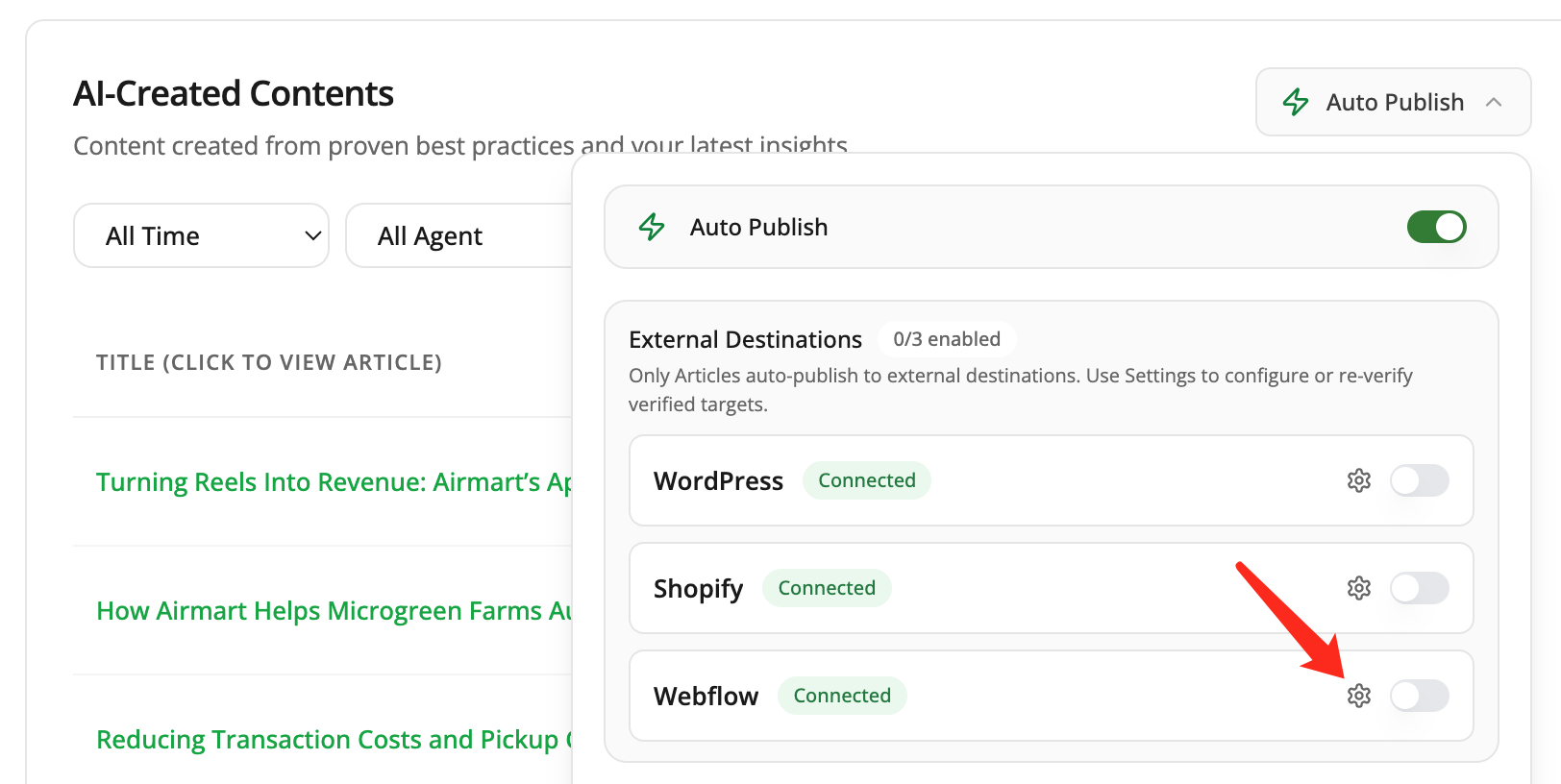 Open the Webflow connection in Frevana