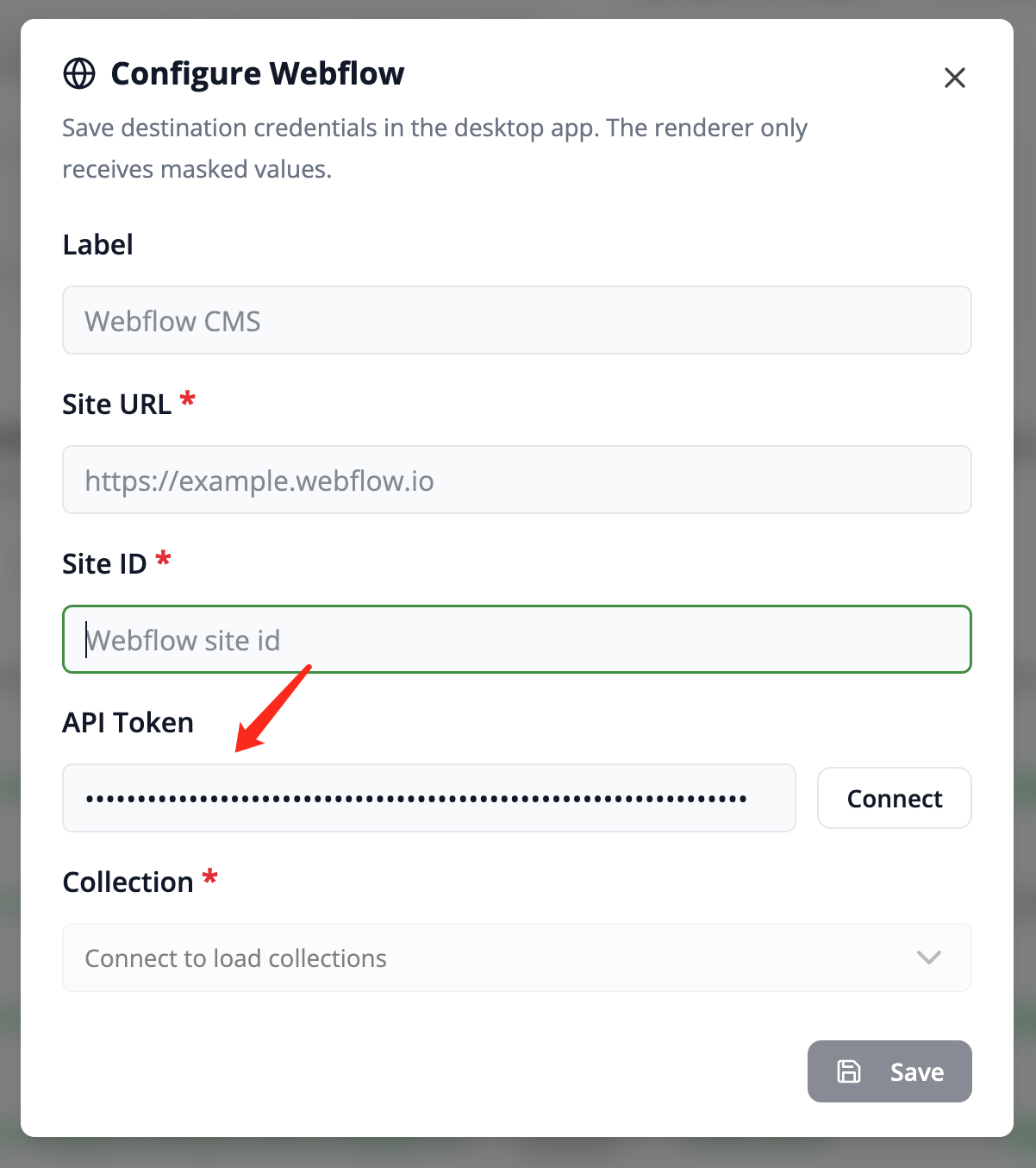 Enter the Webflow API token in Frevana