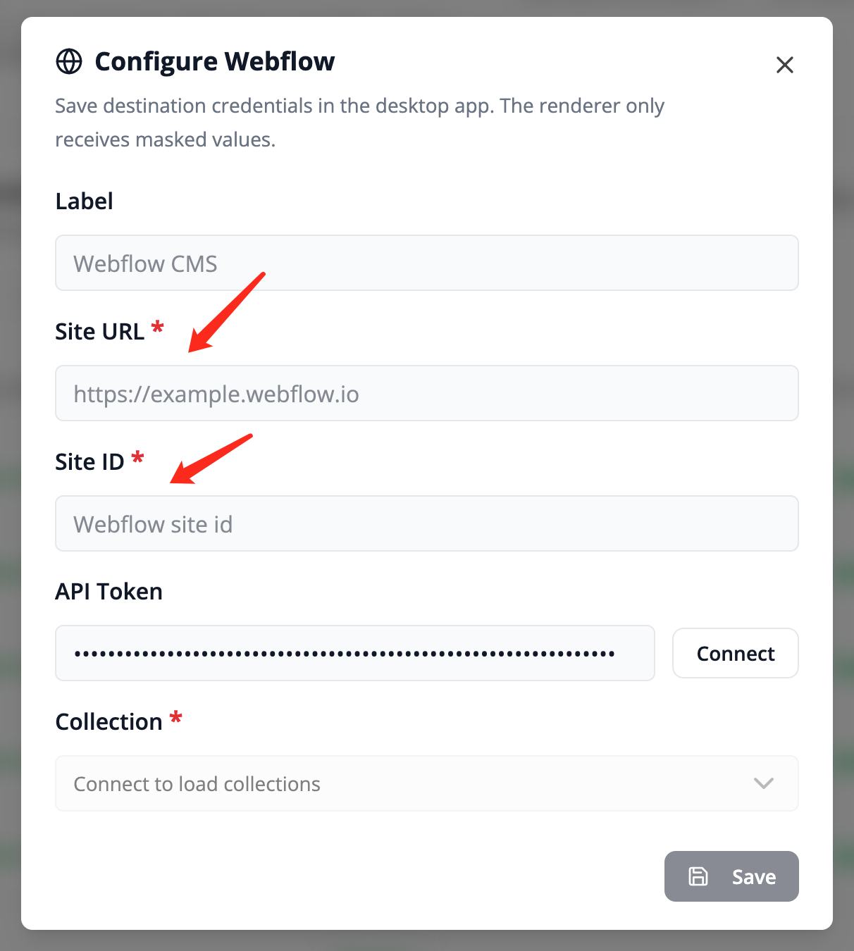 Enter the Webflow site details in Frevana