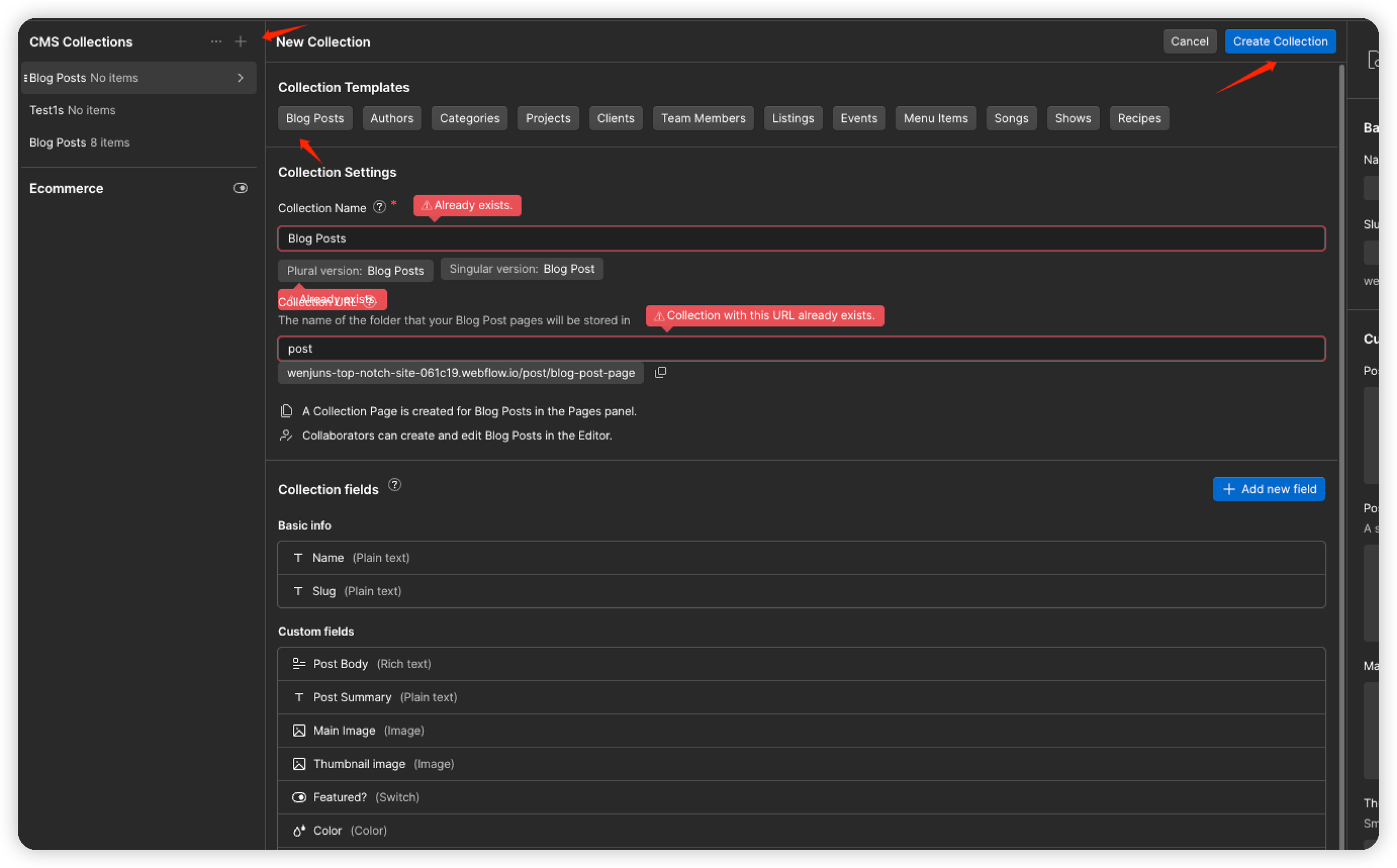 Create a Webflow blog post collection