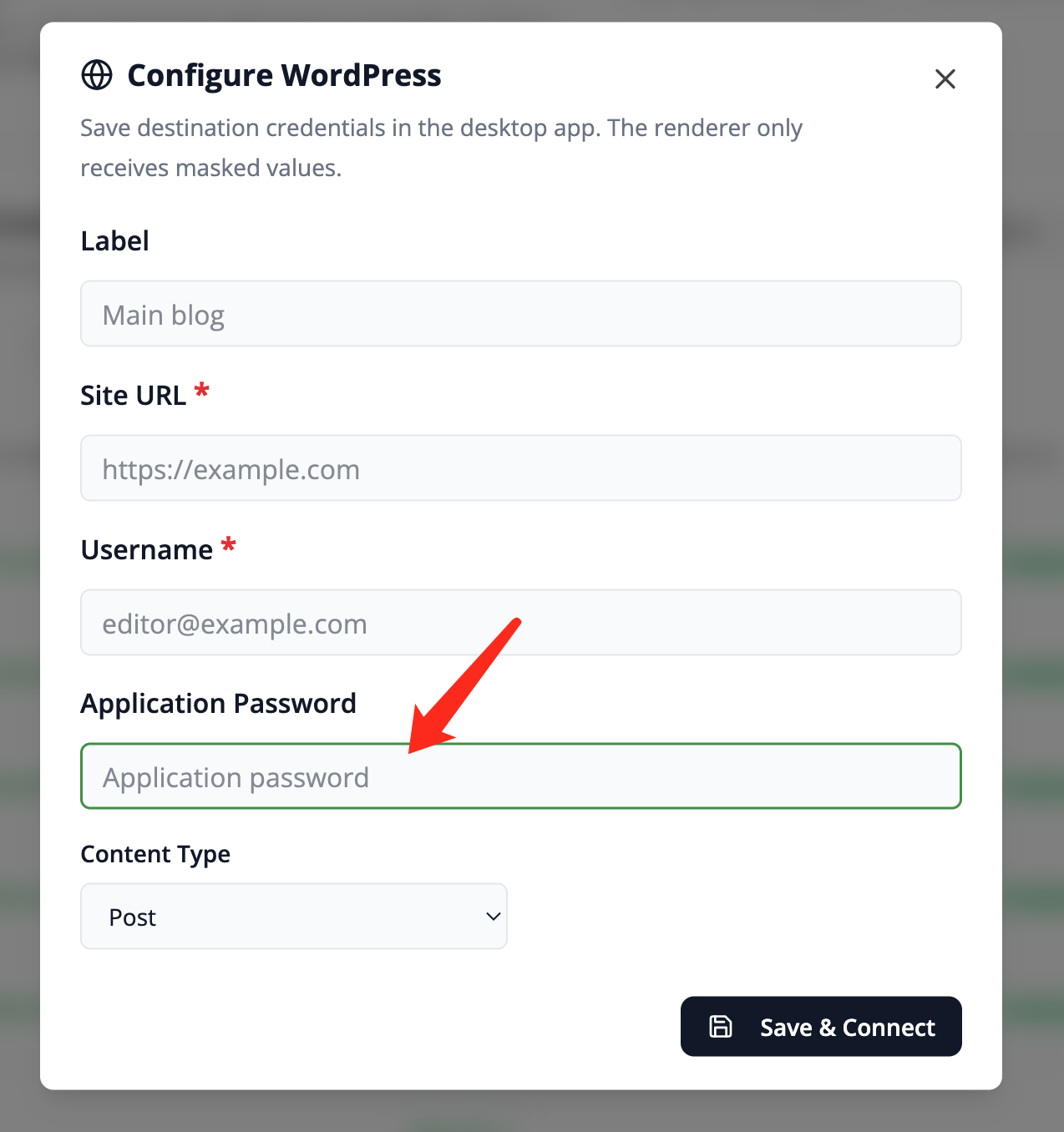 Enter the Application Password in Frevana