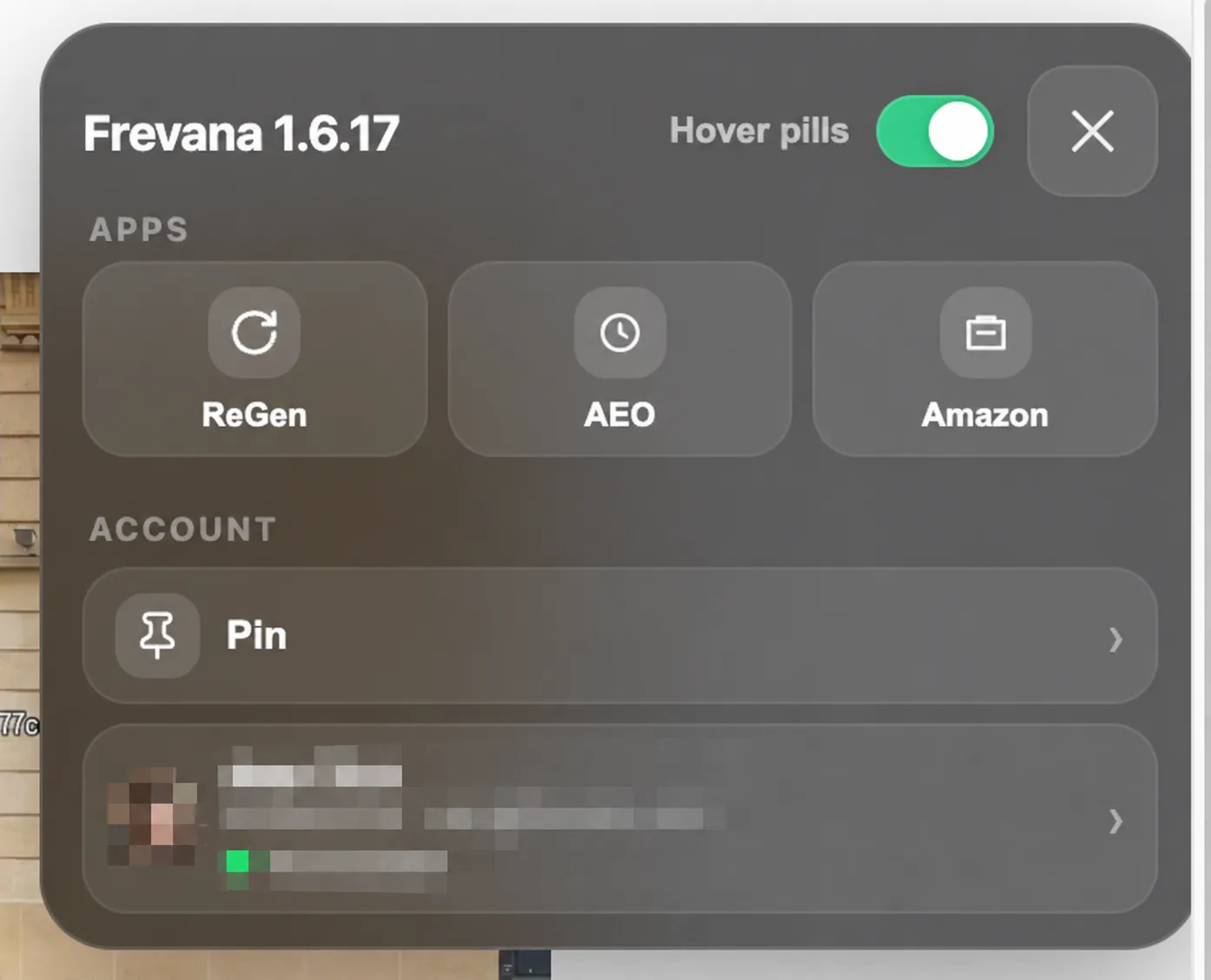 Frevana menu with Hover pills enabled and the ReGen app tile