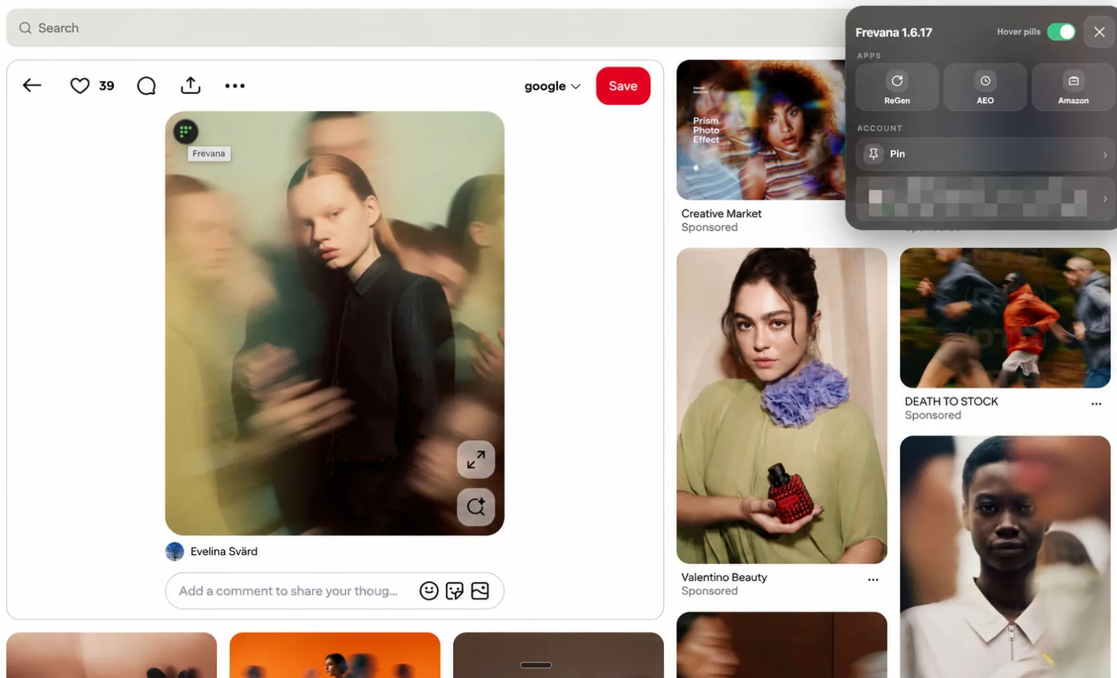 Frevana hover control on an image with the extension menu open
