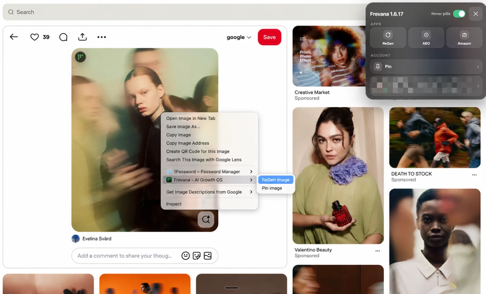Right-click menu with Frevana and ReGen image selected