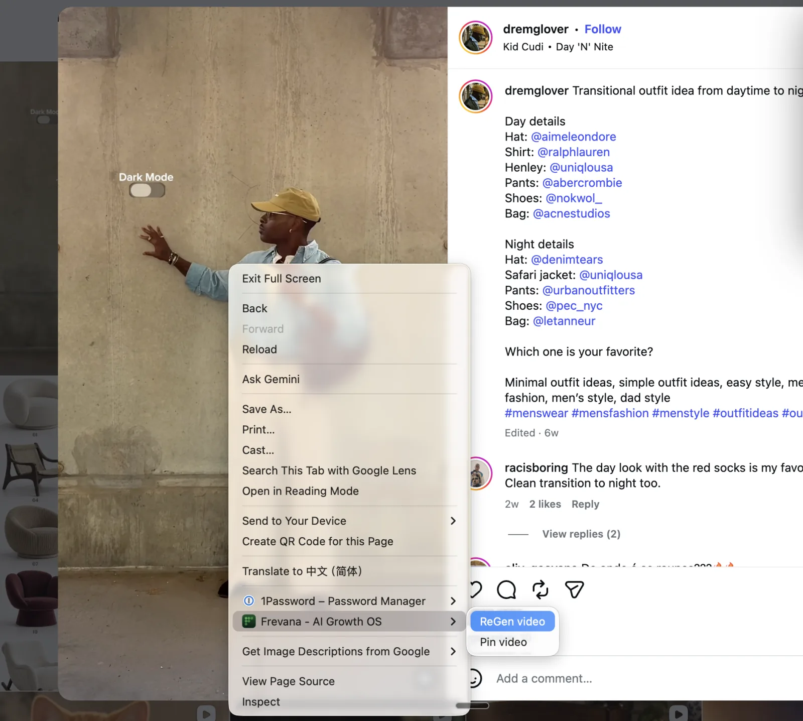 Right-click menu with Frevana and ReGen video selected